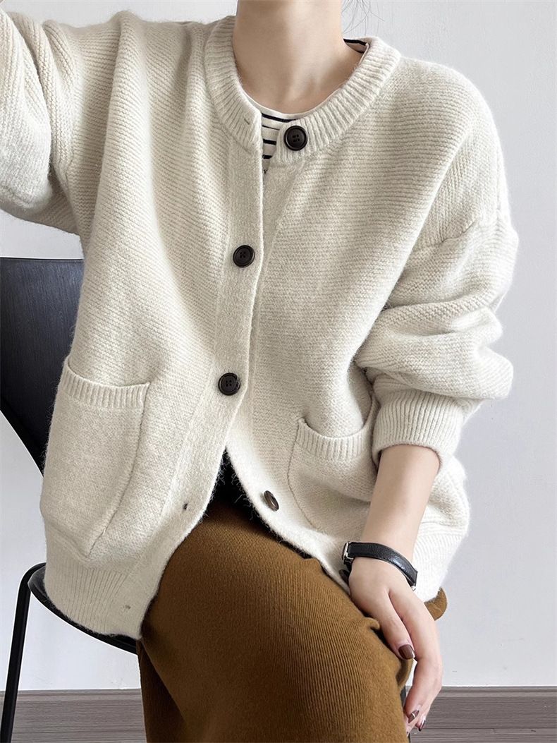 Giacca in maglia tinta unita per donna, stile medio-lungo, nuovo articolo autunno 2024, cardigan in maglia con scollo rotondo e tasca, ampio_voghion.com