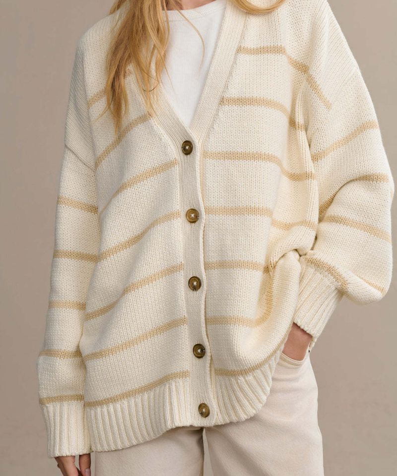 Cardigan da donna in maglia a righe, scollo a V, misto cotone, vestibilità ampia, manica lunga, casual, aperto sul davanti_voghion.com