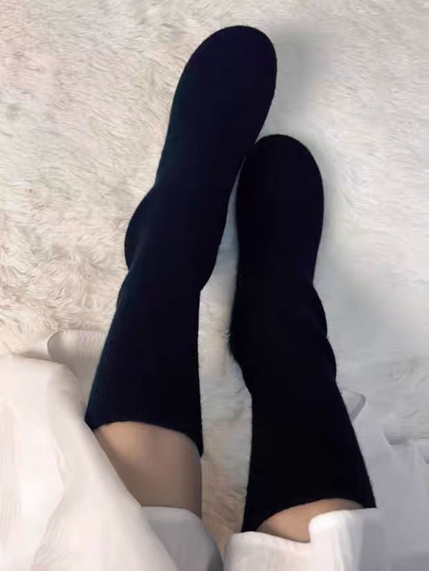 Zees 2025 European Station Autunno Inverno Nuovo Piatto Dimagrante Metà Polpaccio Maglia Elasticizzata Corta Donna Sottile Stivali Calzino Trendy_voghion.com