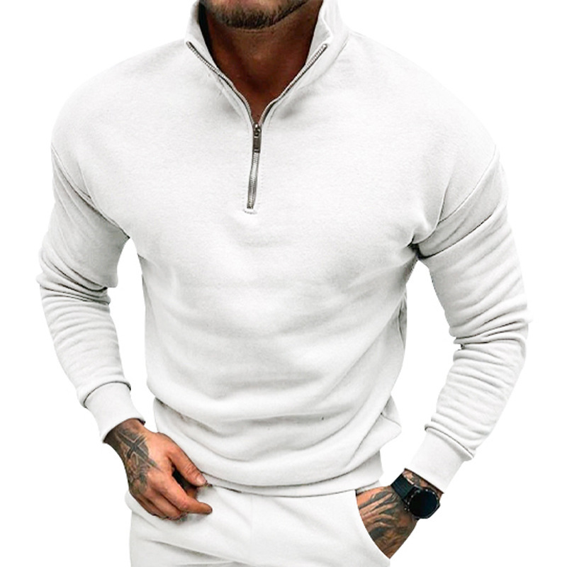 autumn and winter men's casual plus velvet solid color long-sleeved half-zipper POLO stand-up collar top men_voghion.com