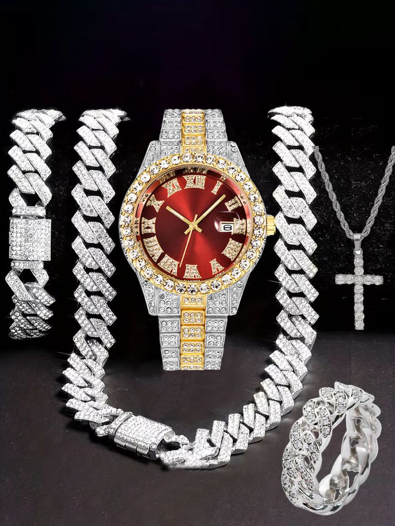 Orologio Hip Hop tempestato di diamanti, composto da cinque pezzi, con collana a croce a forma di diamante e anello cubano._voghion.com