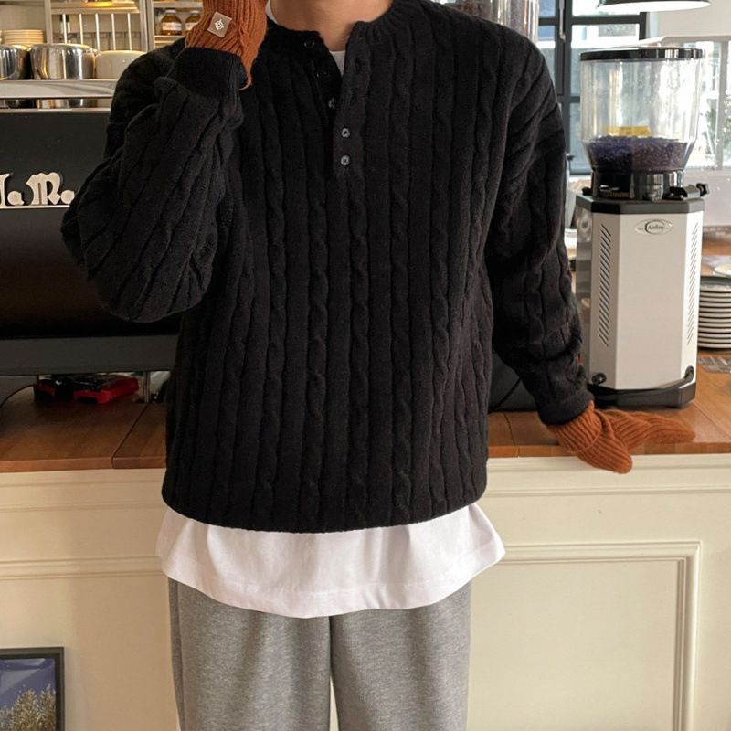 Maglione pullover in maglia a trecce con colletto Henry MYQ per uomo, invernale, caldo, stile coreano, alla moda, ampio e lavorato a maglia_voghion.com