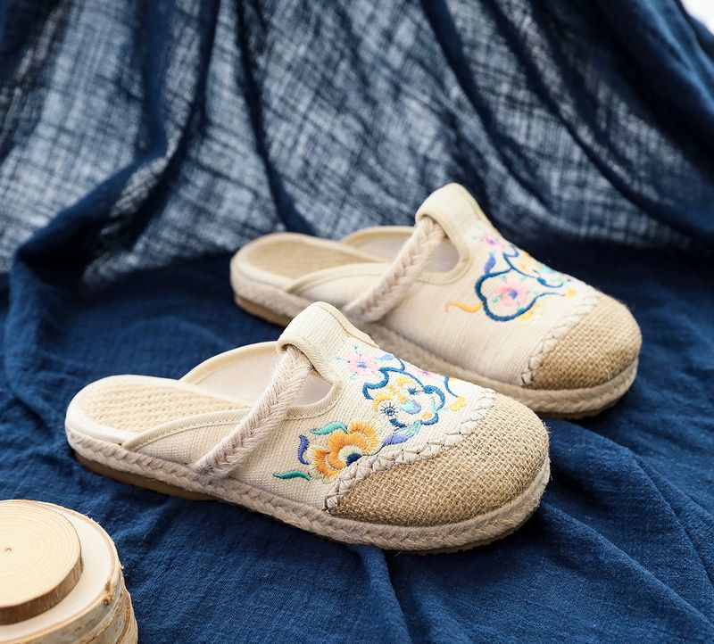 Pantofole, Lino piatto, 2025 Nuove scarpe in tessuto ricamato in stile etnico con alluce, Pantofole da esterno fresche da donna_voghion.com