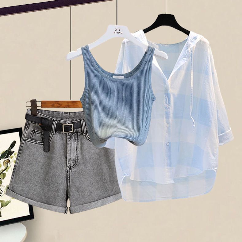 Damenbekleidung Sommer Plus Size Outfit Sonnenschutz Hemd Weste Slim Denim Shorts Dreiteiliges Set_voghion.com
