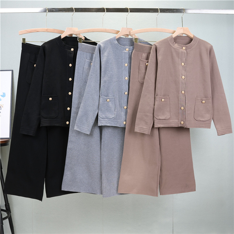 Women's Clothing fashion casual knitted suit women's autumn long sleeved cardigan top wide leg trousers small fragrance two piece set_voghion.com