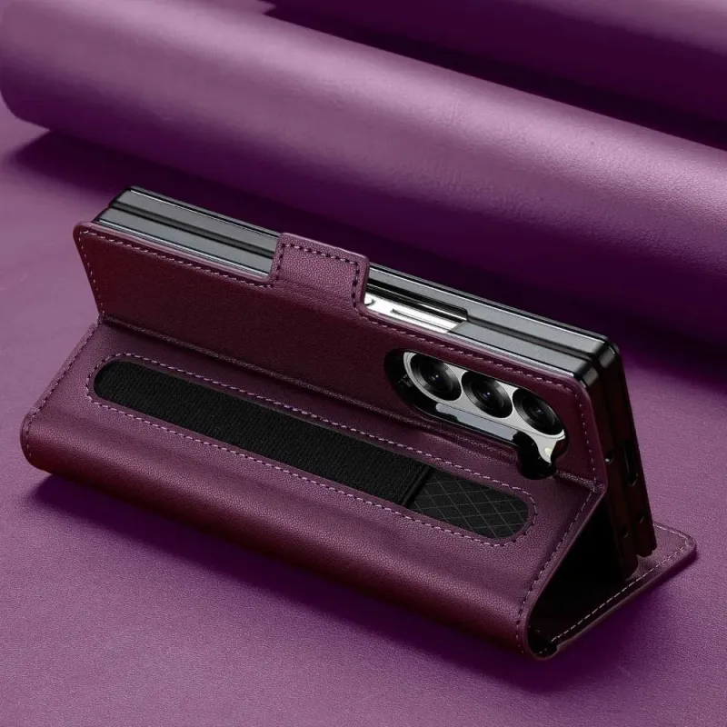 Capa de couro empresarial com suporte para caneta e compartimento para cartões para Samsung Z Fold 6, 5, 4, 3, 6, 5, 4 e 3, 5G_voghion.com