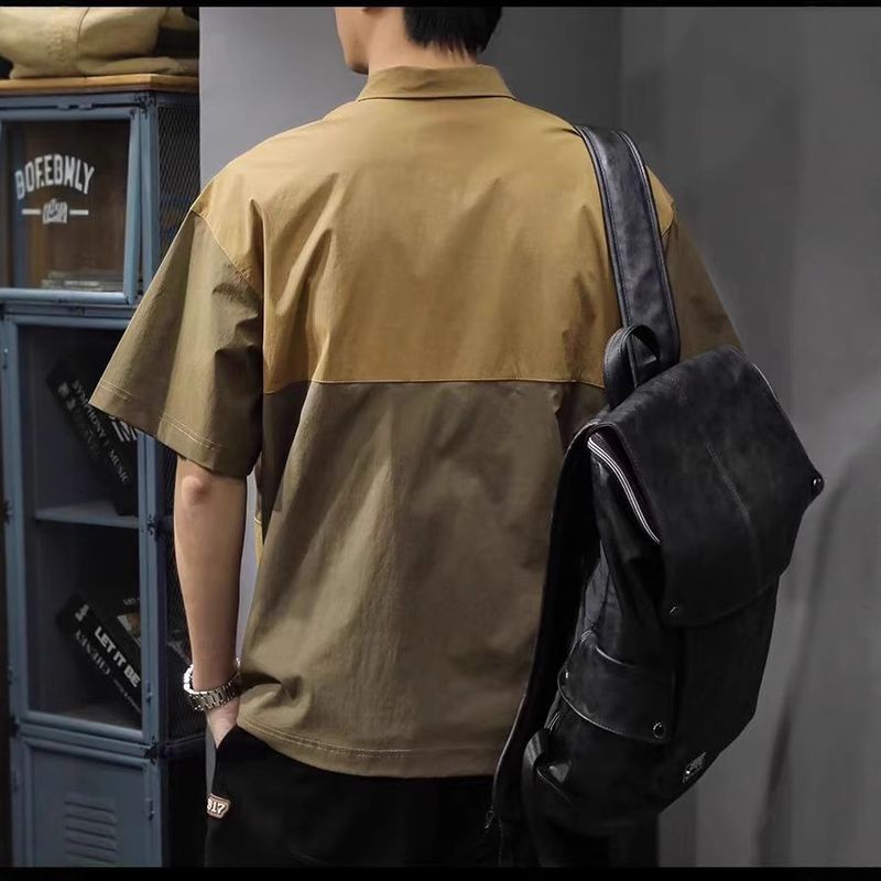 Two-Tone Short Sleeve Zip Polo Shirt For Men, Summer Color-Block Multi-Pocket T-Shirt, Quick-Dry Workwear Turn-Down_voghion.com