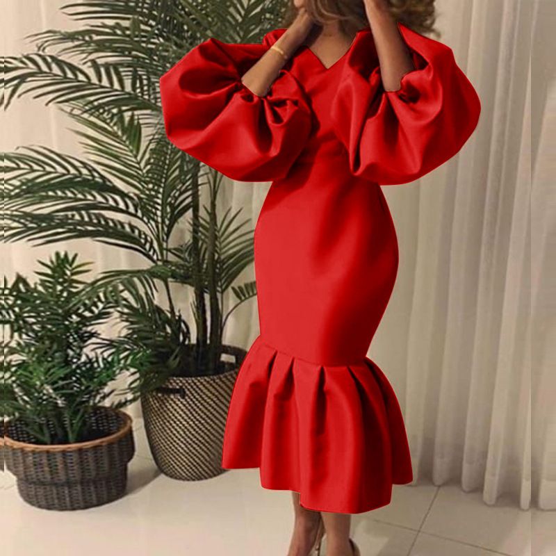 Jõulud Tänupühad Halloween Valentinipäev Ülisuur naiste ühevärviline V-kaelusega mullidega pikkade varrukatega kalasaba seelik Õhtukleit_voghion.com