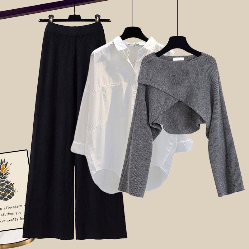 Women’s Clothing Fashion autumn suit women sweater women new large size women's shirt wide leg pants three piece knitted slim_voghion.com