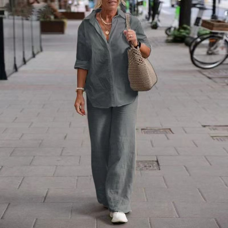 Women's two-piece set women's lapel long-sleeved shirtcasual solid color pants wide leg suit_voghion.com