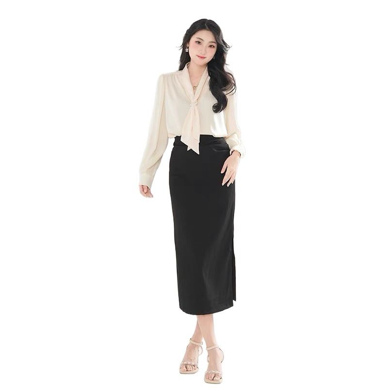 Novità primavera 2025, elegante completo da due pezzi con gonna e camicia a maniche lunghe con fiocco_voghion.com