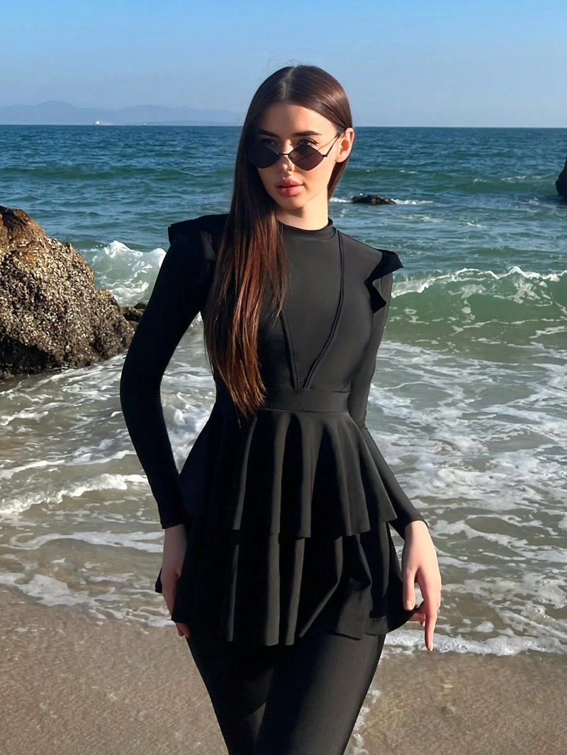 Women's swimsuit split two-piece set ruffled long-sleeved trousers conservative flesh-covering swimsuit_voghion.com