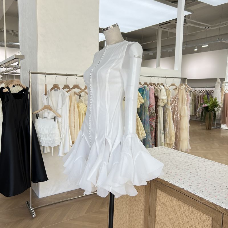 Damenbekleidung Nische Flower Fairy Bud Buttoned Slim Dress Sweet Salt Einzigartiges Design Einfarbig Kurz_voghion.com