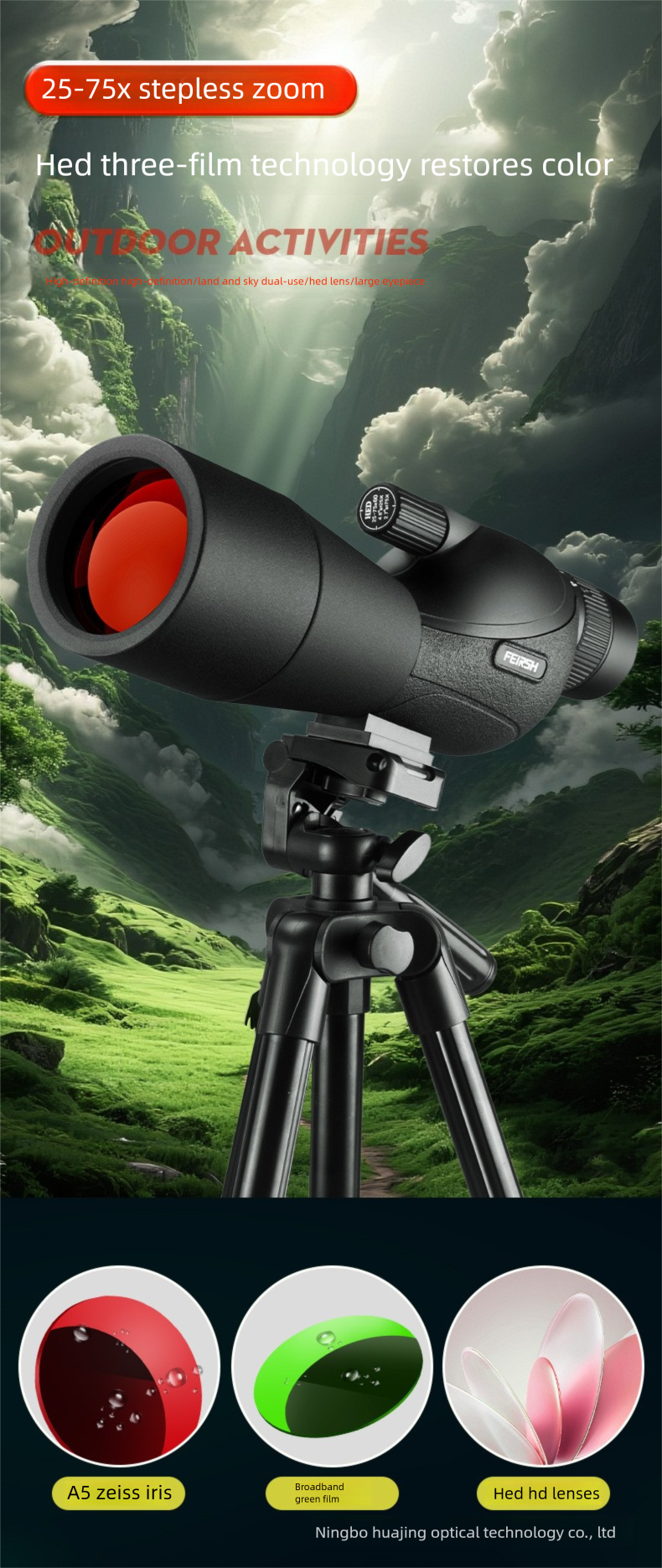 HED 25-75X60 Birdwatching Scope HD Low Light Night Vision A5 Multi-layer Purple Red Film Outdoor Targeting Monocular_voghion.com