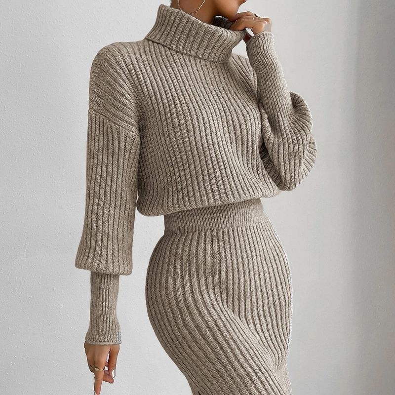 Women's Clothing Solid Color Half High Collar Short Top Slim Skirt Two Piece Suit_voghion.com