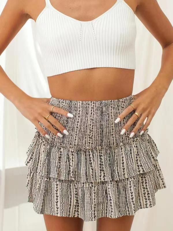Women's Clothing Skirt Pleated Skirt Ruffle Printed Skirt Fashion Floral Short Skirt 13 Colors_voghion.com