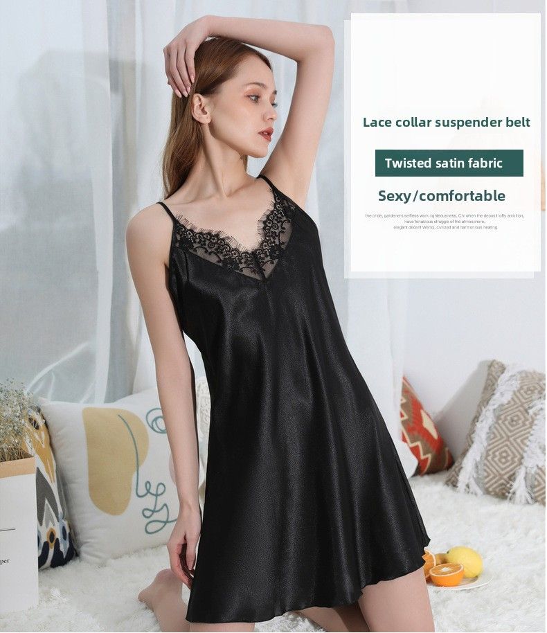Women's Plus Size Summer Suspender Pajamas | Thin Satin Silk With V-Neck & Beautiful Back Lace Detail_voghion.com