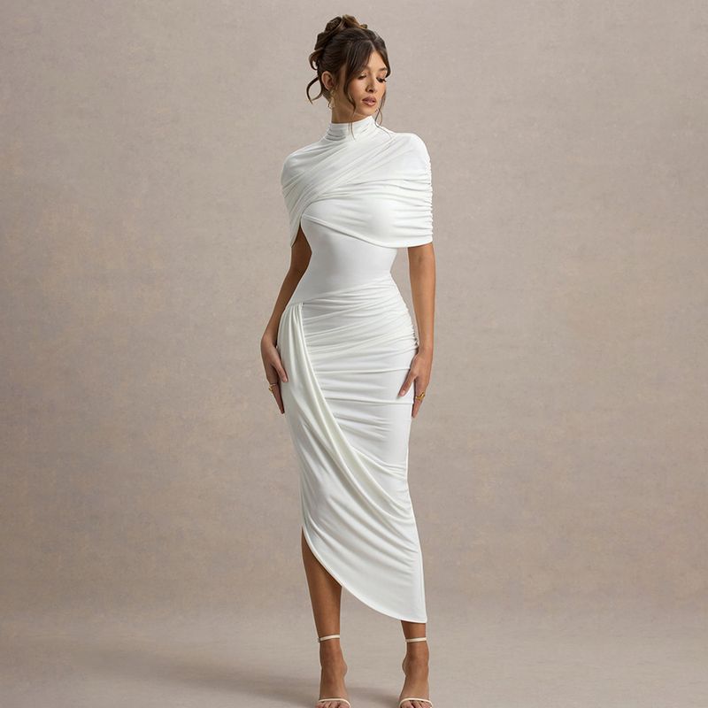Rückenfreies, figurbetontes Kleid mit Rüschen – Sexy langes Kleid mit hoher Taille und Milchseidenstoff (Gelb/Weiß/Rot)_voghion.com