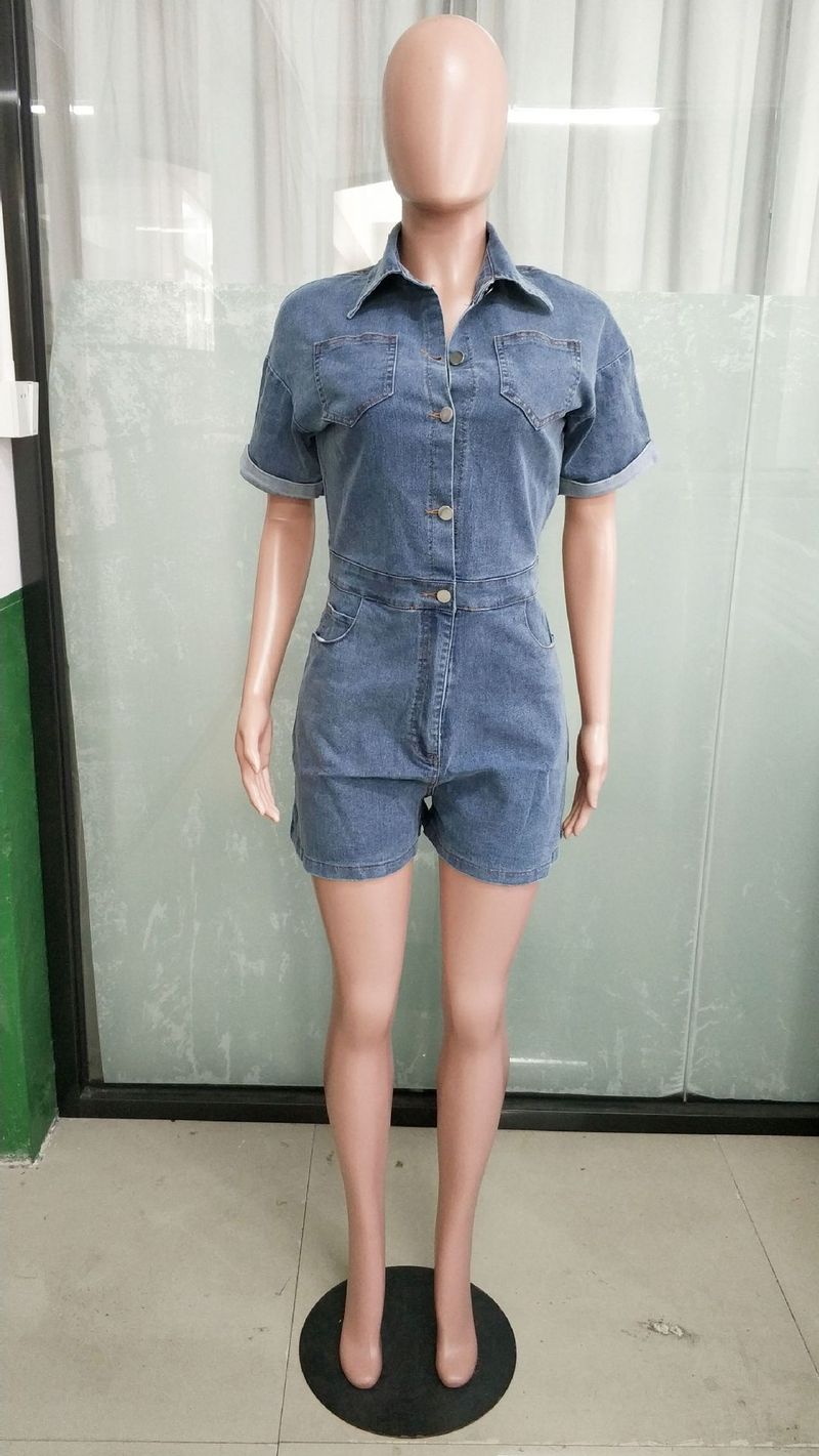 Salopetă din denim spălat, cu mânecă scurtă și elastică, lejeră, pentru femei_voghion.com