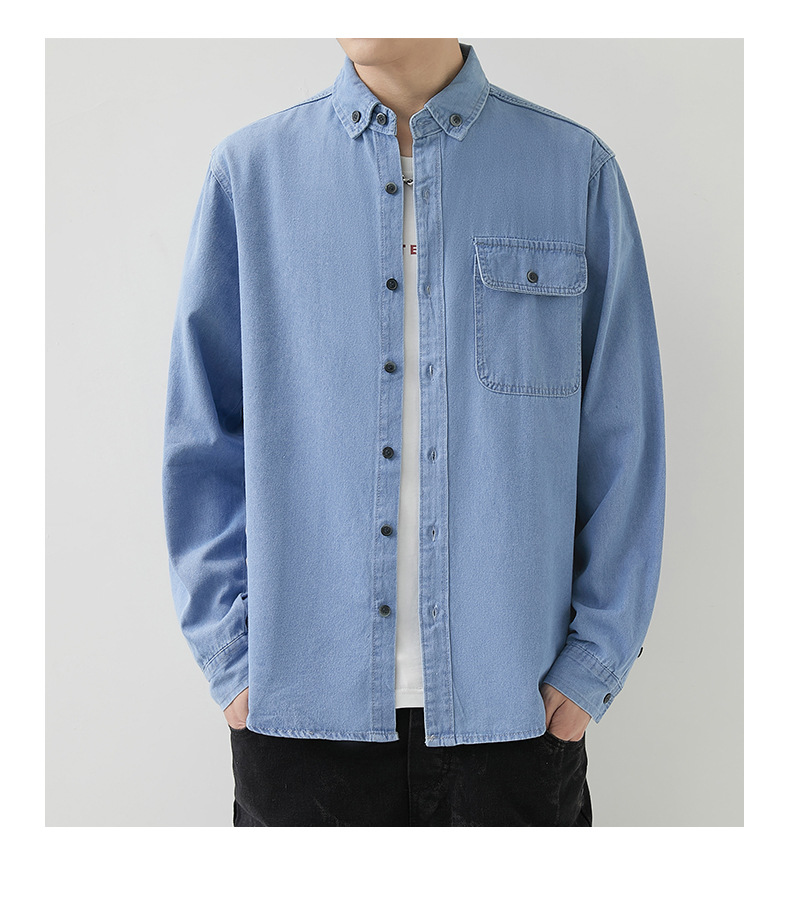 Abbigliamento da uomo, camicia a maniche lunghe in denim sottile da uomo, giacca da lavoro casual da uomo, primavera e autunno, tinta unita_voghion.com