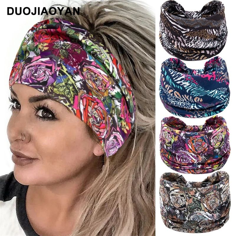 New Leopard Print Digital Printed Sports Headband with European and American Knotted Cross Wide Edge Elastic Headband for Women_voghion.com