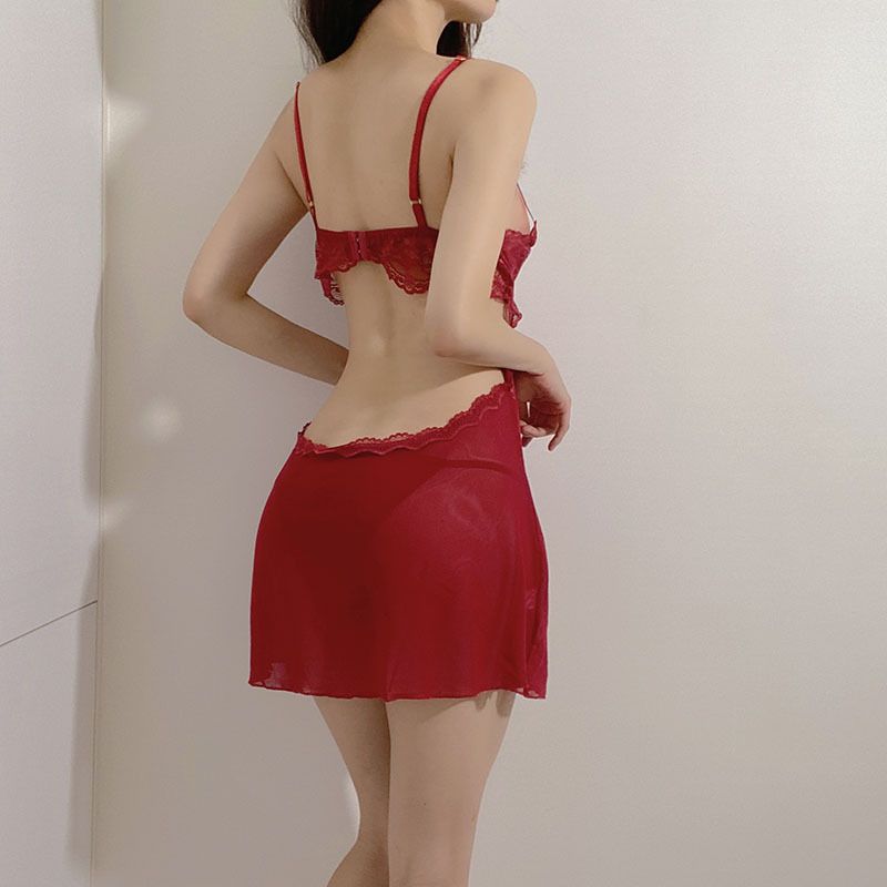 Lencería sexy, pijama sexy con tirantes para mujer con almohadillas para el pecho, tentación de encaje hueco sin espalda, conjunto de camisón transparente_voghion.com