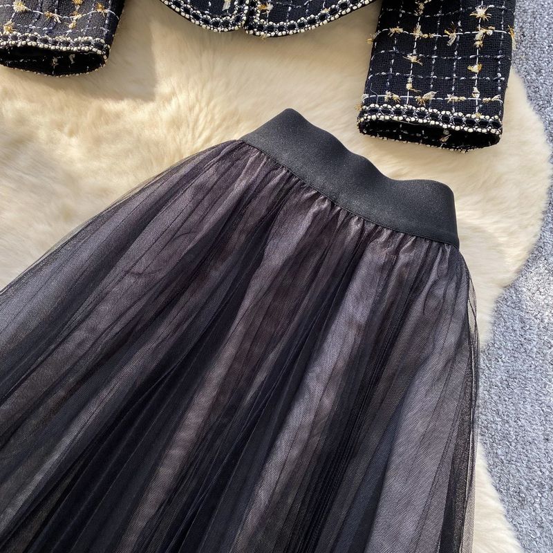 Elegant Two-Piece Set - Tweed Blazer & High-Waist Tulle Skirt (Bow Detail, Black Beaded Trim)_voghion.com