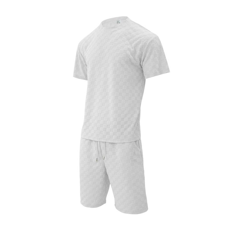 Set di pantaloncini casual a gamba dritta oversize con t-shirt a maniche corte a quadri jacquard da uomo, estate 2024_voghion.com