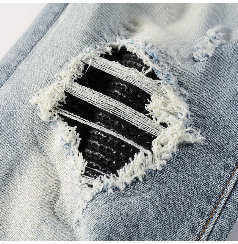 Herren Jeans mit Lederpatches, Streetwear-Löcher, zerrissene High-Stretch-Hose, hellblaue, schmal zulaufende Hose_voghion.com