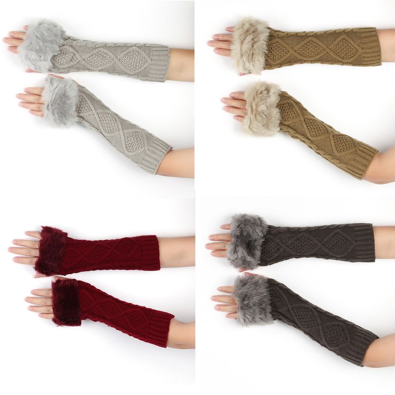 Men's Gloves Diamond shaped long fur gloves for women with sleeves, knitted warm fingerless arm sleeves, autumn and winter wool long gloves_voghion.com