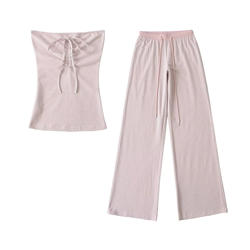 Strapless gestreepte tube trekkoord vest top lage taille gedrapeerde rechte vloerlange broek set_voghion.com