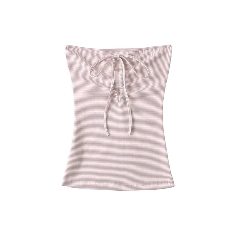 Strapless gestreepte tube trekkoord vest top lage taille gedrapeerde rechte vloerlange broek set_voghion.com