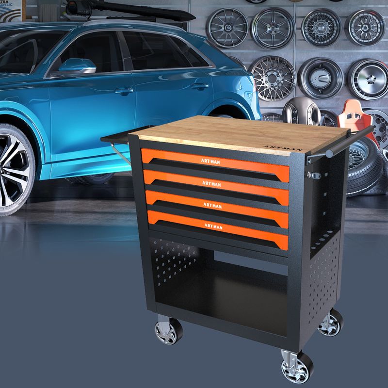 4 DRAWERS MULTIFUNCTIONAL TOOL CART WITH WHEELS AND WOODEN TOP-ORANGE_voghion.com