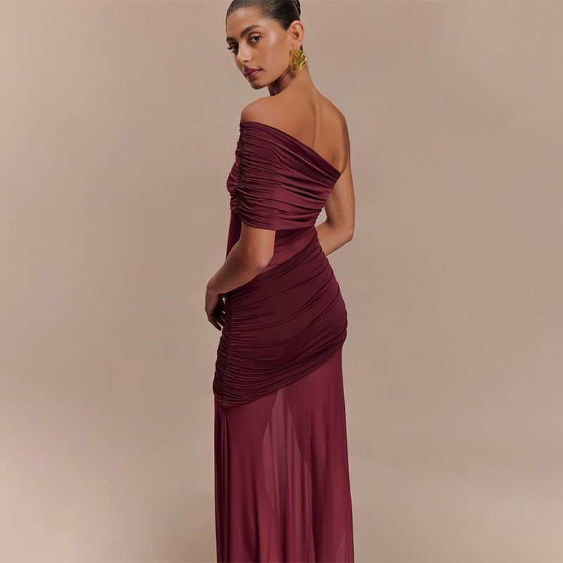 Abito bustier con pannello in rete trasparente e vita arricciata - Gonna midi fluida per donna, abbigliamento casual e per feste estive_voghion.com