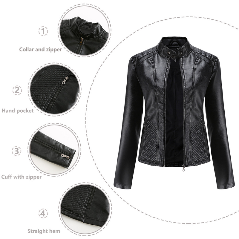 Giacca da motociclista a maniche lunghe, giacca casual in pelle da donna_voghion.com