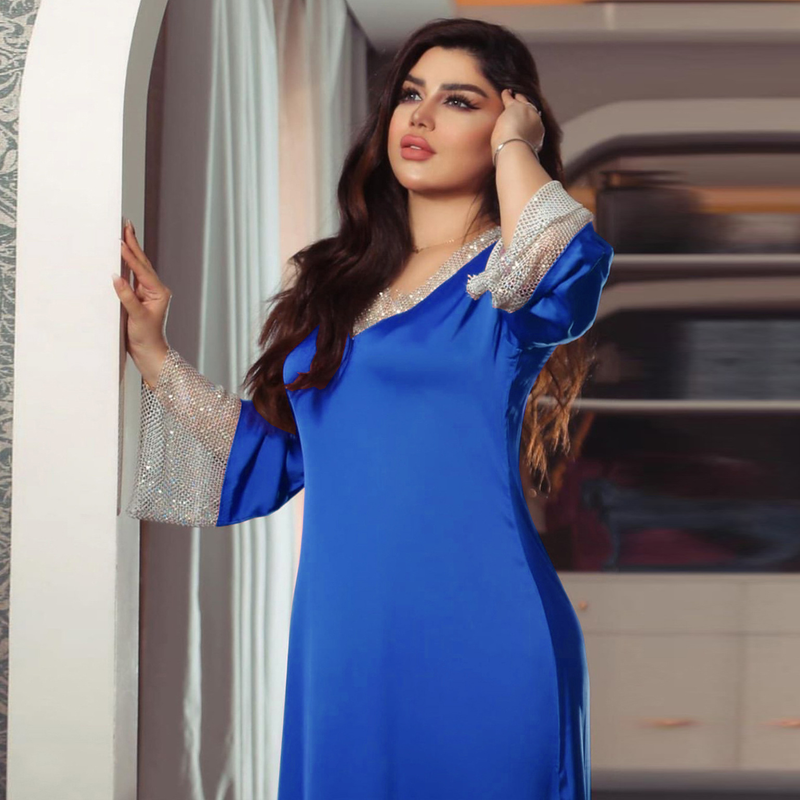 Abito lungo da donna in maglia di diamanti con paillettes in raso per donne musulmane_voghion.com