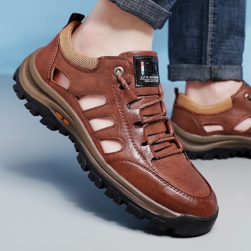 Sommer-Sportsandalen aus Leder mit weicher Sohle, ausgehöhlte Baotou-Wanderschuhe für Herren im Freien, atmungsaktive perforierte Schuhe_voghion.com