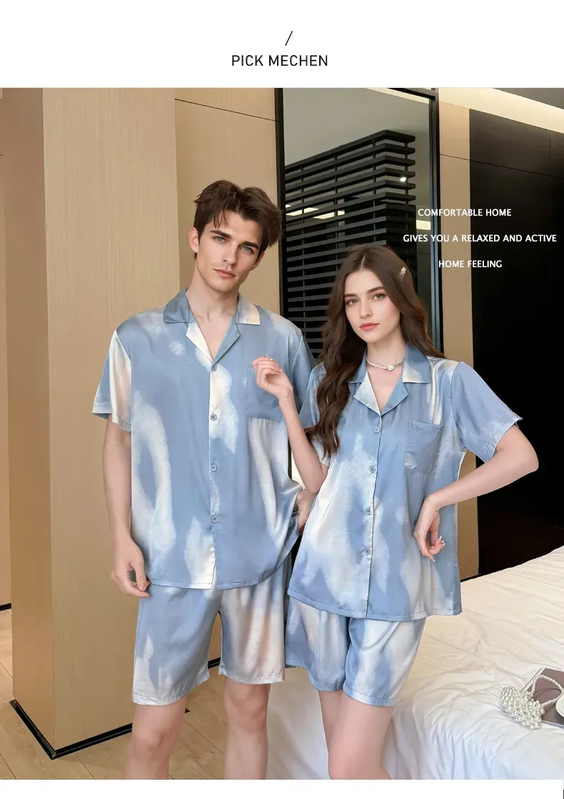 Pamas da coppia in seta ghiacciata per donna, maglietta estiva leggera a maniche corte, pantaloncini, cardigan da uomo e da donna in due pezzi -_voghion.com