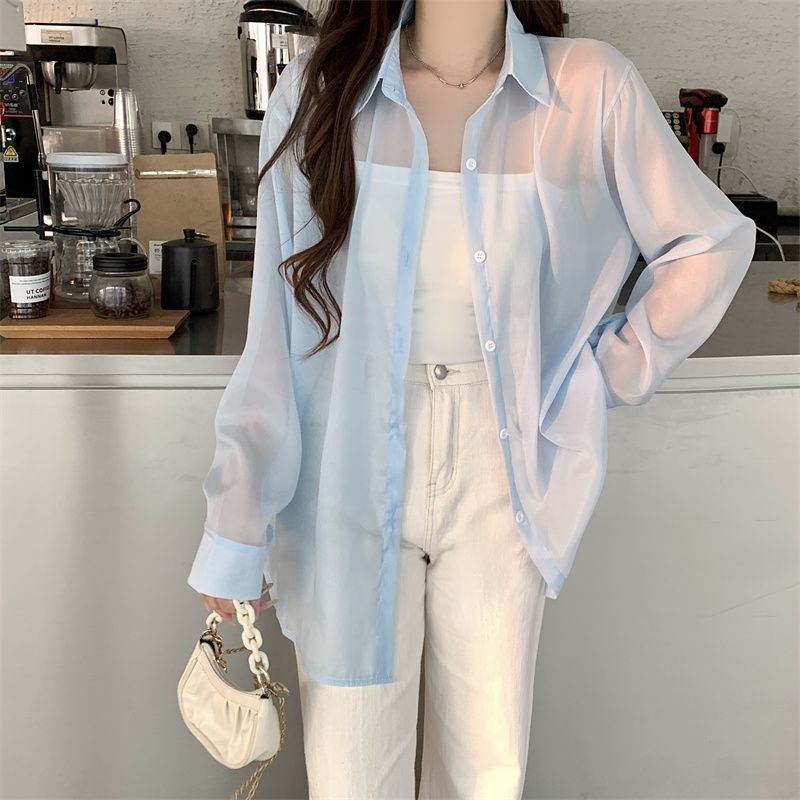Ragazza Versatile Donna Sottile Estate Nuovo Design Senso Niche Schiena Scoperta Cravatta Micro-Trasparente Protezione Solare Camicia Stile Pigro_voghion.com