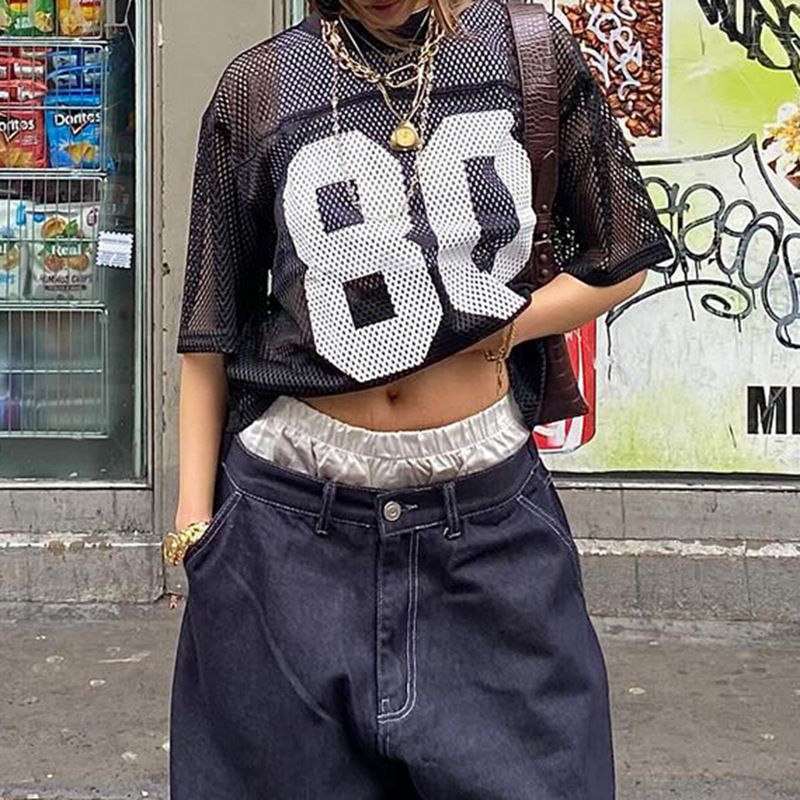 Camiseta de manga corta de malla hueca con estampado digital de estilo callejero americano para mujer, holgada, informal y versátil_voghion.com
