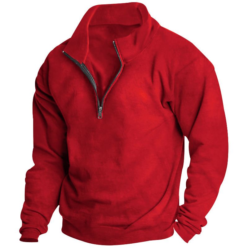 Felpa da uomo con collo alto e cerniera a un quarto - Pullover foderato in pile dalla vestibilità comoda per un look casual e sportivo (bianco, nero, cammello, rosso, vino, albicocca)_voghion.com