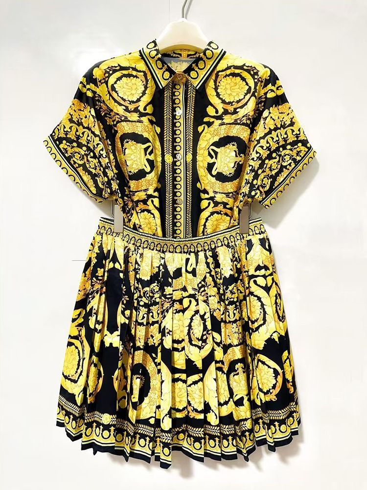 Ensemble deux pièces pour femme, chemise à manches courtes et jupe courte ample à imprimé géométrique rétro_voghion.com